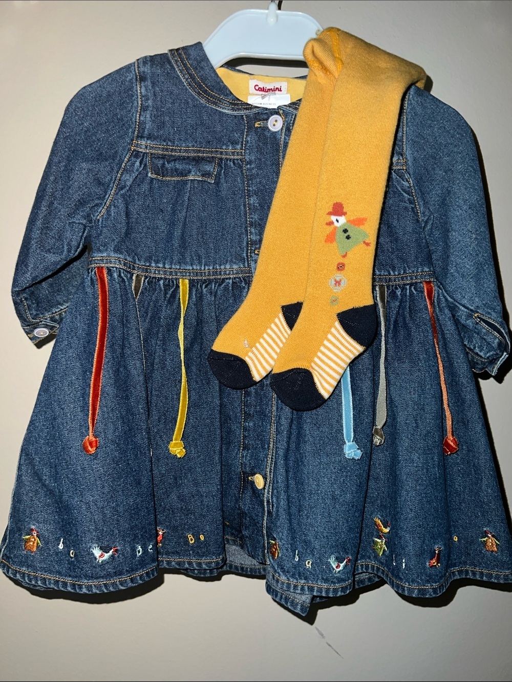 Vintage Blue Denim Jacket Dress Multicolor Ribbon Accents & Matching $35 Tights​